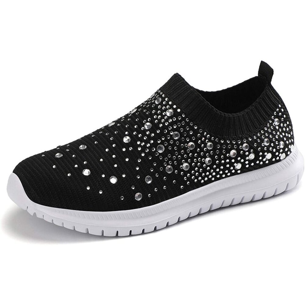 Women's Mesh Walking Shoes Rhinestone Glitter Slip On Ballroom Sneakers Black